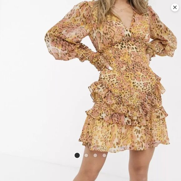 Bardot Long Sleeve Frilled Hem Mustard Dress with Leopard Animal Print - Picture 1 of 7